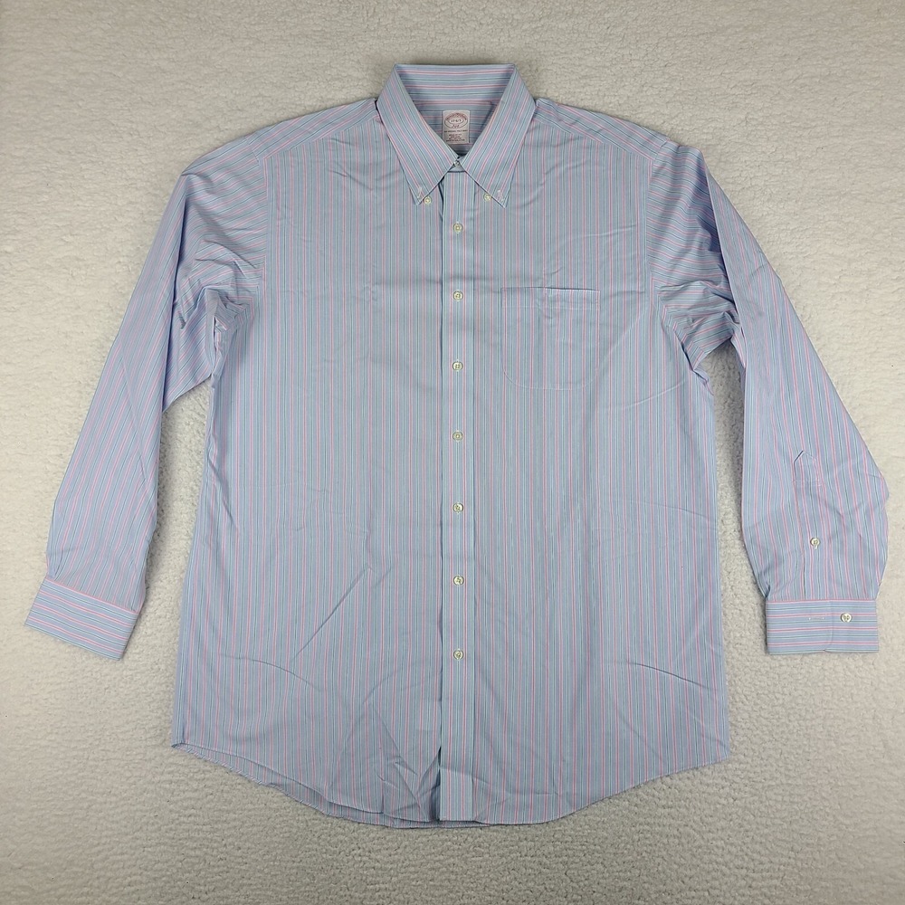 Brooks Brothers Shirt Mens 17 6/7 Blue Green Striped Non Iron Dress Button Down